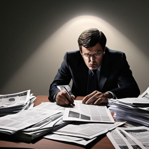 Home 11 **Investigative journalism uncovering corruption:** A dramatic scene of a journalist working tirelessly, surrounded by documents and facing pressure, symbolizing the pursuit of truth despite threats. Emphasize shadows and a sense of urgency.