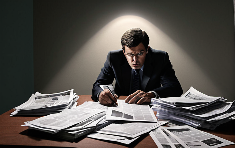 **Investigative journalism uncovering corruption:** A dramatic scene of a journalist working tirelessly, surrounded by documents and facing pressure, symbolizing the pursuit of truth despite threats. Emphasize shadows and a sense of urgency.